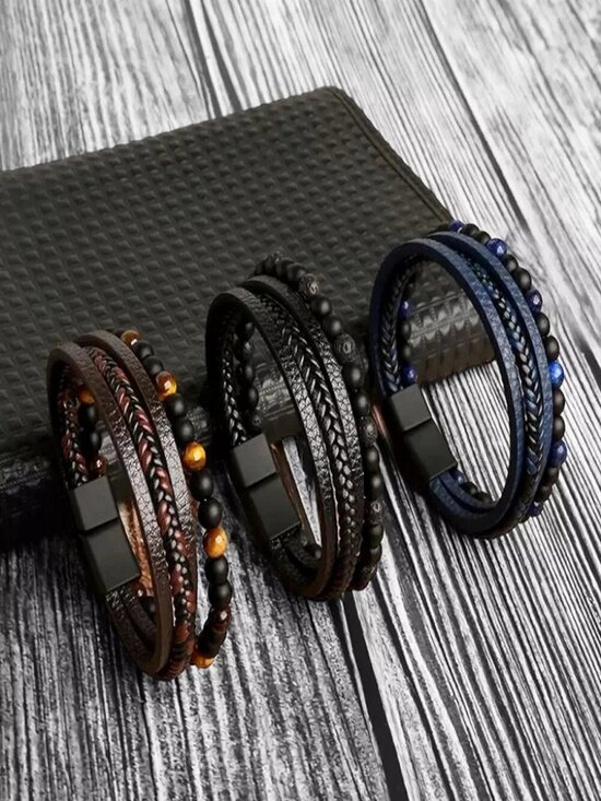 Cosplayshop Other - Men's Layered Braided Leather Beaded Bracelet With Tiger Eye Natural Stone
